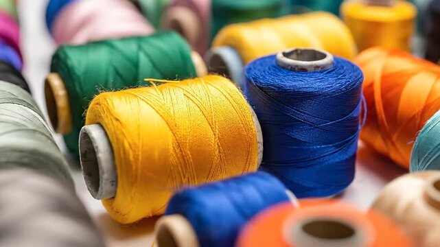 Colorful spools of thread arranged in rows, showcasing a variety of vibrant colors and textures.
