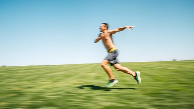 thrower. A motion blur of a discus thrower in mid-rotation against a field. event key visuals, club posters, designed for fitness apps and gym onboarding, used by fitness trainers.
