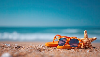 Beach scene with sunglasses, flip-flops, and a starfish on the sand, with ocean in the background