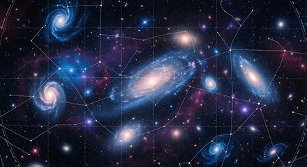 Obraz premium A vibrant deep space panorama features numerous colorful spiral galaxies scattered across a dazzling field of stars and nebulae.