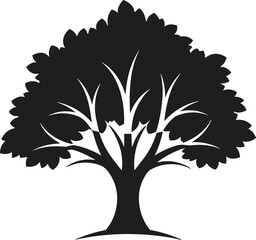 Obraz premium Black leafy tree silhouette with branching structure on white background, clean minimalist nature vector illustration for branding and design use