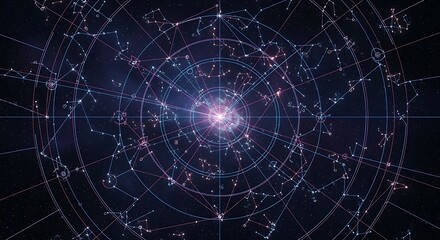 A brilliant central starburst illuminates an intricate radial network of constellations, depicting the vastness and order of the cosmos.