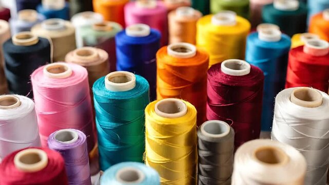 Vibrant spools of thread in various colors, perfect for sewing and crafting projects, arranged on a white background.