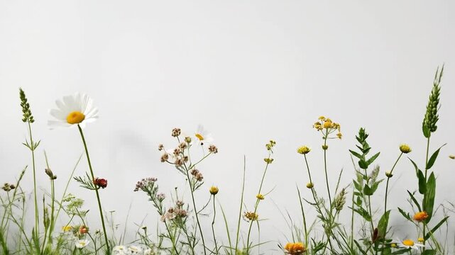 A vibrant display of wildflowers and grasses against a clean, white background, perfect for nature themes.