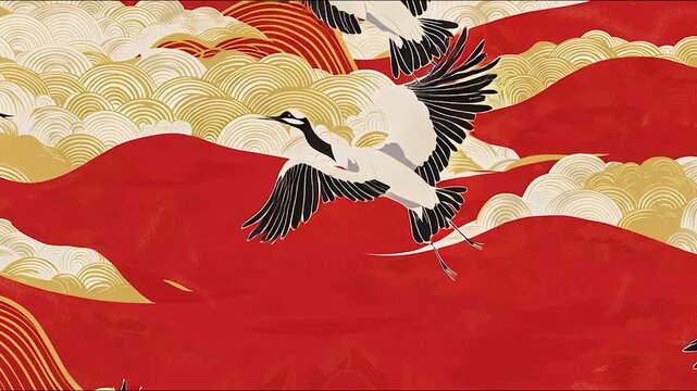 鶴が舞う和風背景イラスト