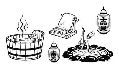 Japanese Onsen Hot Spring Elements And Traditional Lanterns Black And White Line Art bath wooden tub