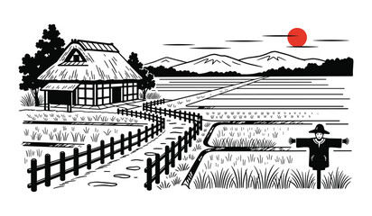 Japanese Rural Landscape With Thatched Roof House And Scarecrow Illustration vector