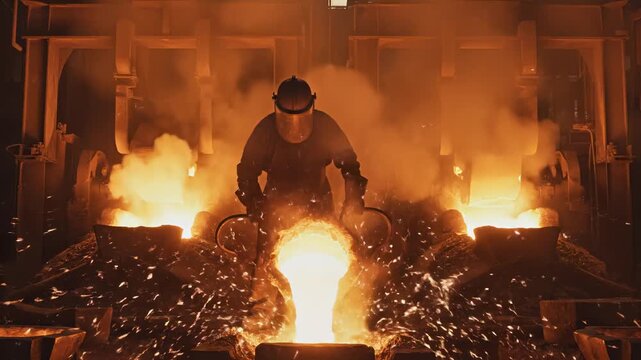 Skilled foundry worker pouring molten metal into molds, showcasing intense sparks and heat, with dynamic camera movement capturing the action flow