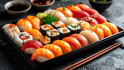 Assorted sushi pieces arranged on a tray, featuring salmon, tuna, and rolls, displayed over gray textured surface