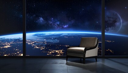 Armchair facing Earth from space, viewed through a large window, lights visible