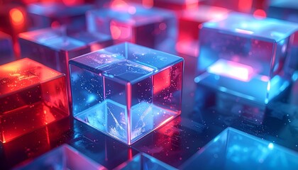 Array of clear cubes reflecting blue and red light on a textured, techy surface