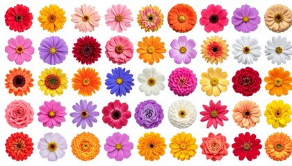 Array of colorful flowers, isolated on white. Varied blooms in vibrant hues, arranged neatly in rows