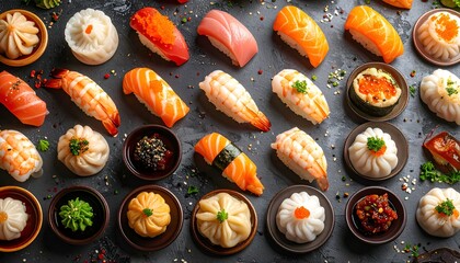 Array of sushi and dumplings on a dark textured surface, rich with vibrant colors and detailed textures