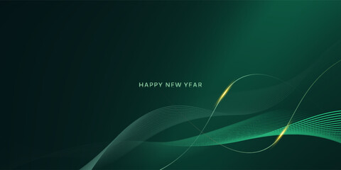 2026, Happy New Year. Luxury golden curved overlapping lines on green background. Premium design template.