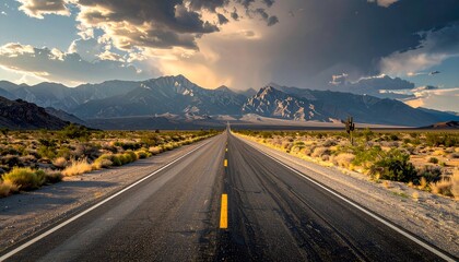 Asphalt road leads to majestic mountains under a dramatic, cloudy sky in a desert landscape at sunset