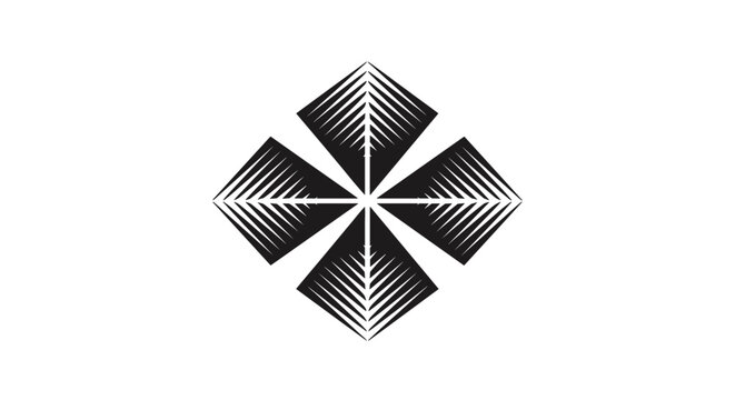 Abstract black geometric star or floral pattern with a four point symmetry design on a clean white background for modern art.