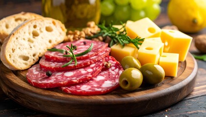 Assorted platter of salami, bread, cheese, olives and grapes, arranged on a wooden board
