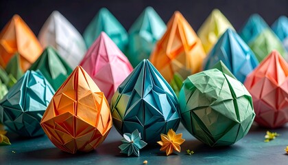 Assorted origami jewels in a vibrant array of colors arranged in rows on a mottled dark teal surface