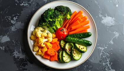 Assorted raw vegetables ? broccoli, cauliflower, carrots, cucumber, and a tomato ? artistically arranged on a white plate