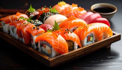 Assorted sushi arranged on a wood tray with soy sauce; vibrant colors, elegant presentation against a dark background