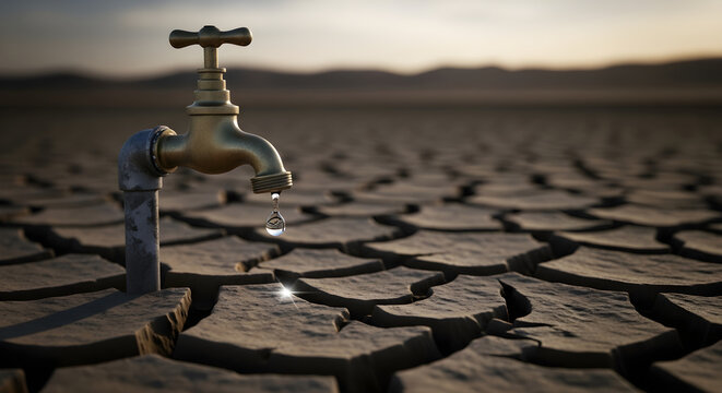 Golden faucet dripping water onto parched, cracked earth under warm sunlight, symbolizing water scarcity