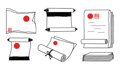 Japanese Scrolls Documents and Seals with Red Sun Symbols Keywords: scroll, document, paper, japan, japanese, tradition, vintage, antique, old, parchment, manuscript, calligraphy, ink, brush, red
