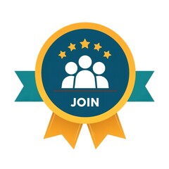 A graphic illustration of a join badge with people and stars