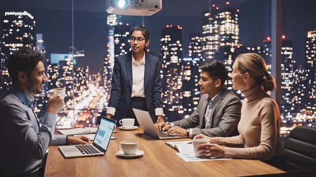 Business meeting in a modern office with a female presenter engaging colleagues, camera pans to capture dynamic discussion and city skyline backdrop