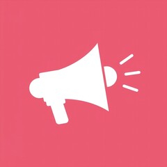 A white megaphone icon on a pink background, symbolizing loudspeaker announcement