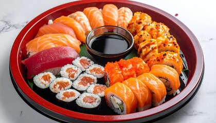 Assorted sushi with salmon and tuna on a platter against a marble background, showcasing variety