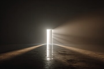 A bright, open doorway emitting radiant light illuminating a dim, somber interior space