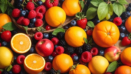 Assorted vibrant fruit oranges, raspberries, blueberries, blackberries, apples, and strawberries scattered atop a wooden surface
