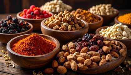 Assortment of colorful spices and nuts in wooden bowls, displayed on a wood table, close-up, warm lighting, focus on texture
