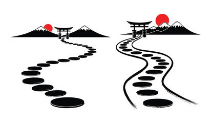 Japanese Stepping Stone Path To Torii Gate And Mountains Illustration drawing black and white