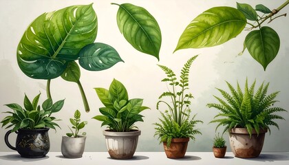 Assortment of indoor plants including monstera, ferns, in various pots against a light background