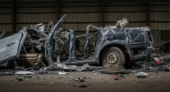 An old wrecked car lies in a messy junkyard. Abandoned vehicle scrap material. Environmental waste concept.