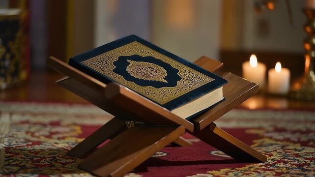 The Holy Quran on wooden lectern with candlelight