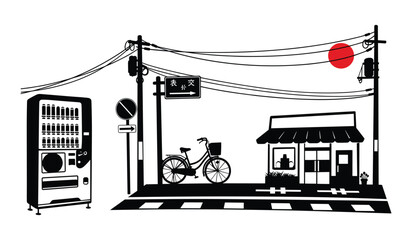 Japanese Street Scene with Vending Machine Bicycle and Shop Silhouette Keywords: vending machine, bicycle, shop, street, road, traffic light, power lines, street lamp, sign, Japanese characters