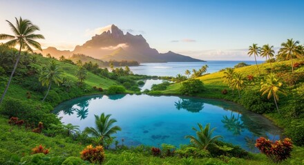 Fototapeta premium Bora Bora Island Paradise - Tranquil Lagoon and Mountain View.