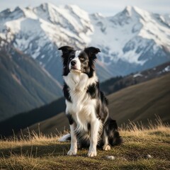 Fototapeta premium Border Collie dog sitting proudly in the mountains with stick.
