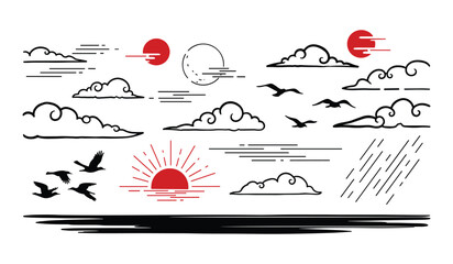 Japanese Sunrise Clouds Birds and Rain Vector Illustration. unrise, rain, clouds, japanese, birds,