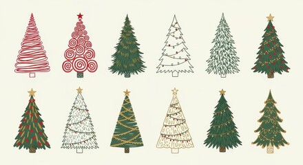 Obraz premium Collection of twelve distinct artistic holiday evergreen representations arranged in two rows.
