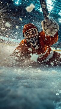 Vertical 916 hockey goalie save, puck ricochet mid-air, ice chips flying