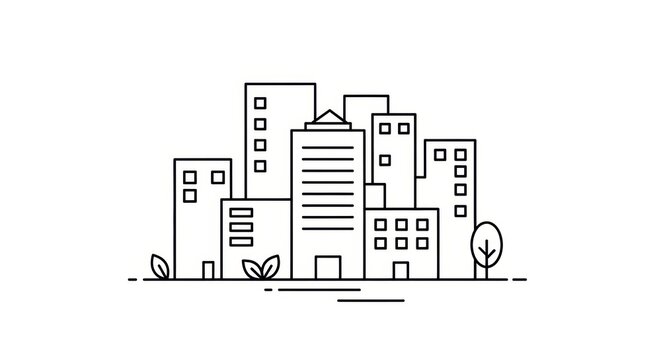 Modern City Skyline Line Art Illustration - Simple Building Iconography