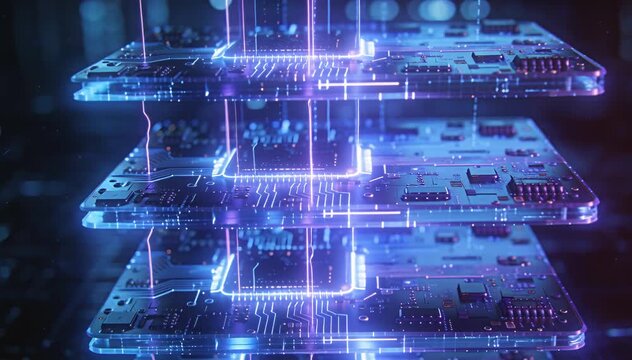 Futuristic circuit board stack with glowing data streams, tech background, digital network, technology.