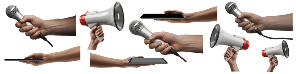 Collection for Hands holding megaphone and weapons in various positions isolated on transparent background