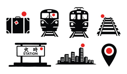 Japanese travel and city icons with trains, suitcase, station, buildings, and map pin on white background Keywords: train, suitcase, station, city, buildings, map pin, travel, transportation