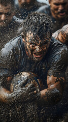 Obraz premium Vertical 9:16 rugby scrum collision with mud splatter and gritty texture