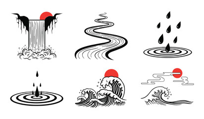 Japanese Water Elements Waterfall River Drops and Waves with Red Sun Icons Keywords: water, waterfall, river, stream, drops, rain, ripple, wave, ocean, sea, nature, landscape, traditional, icon