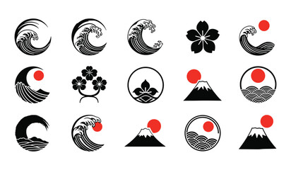 Japanese Wave and Nature Icons Cherry Blossom and Mount Fuji